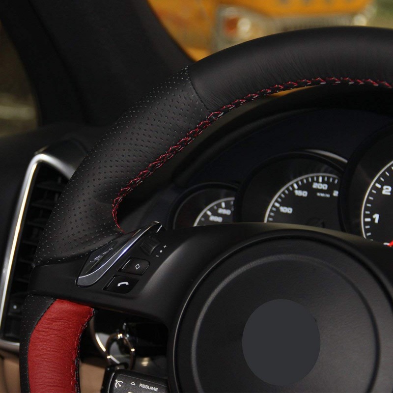 Loncky Auto Custom Fit OEM Black Red Genuine Leather Car Steering Wheel